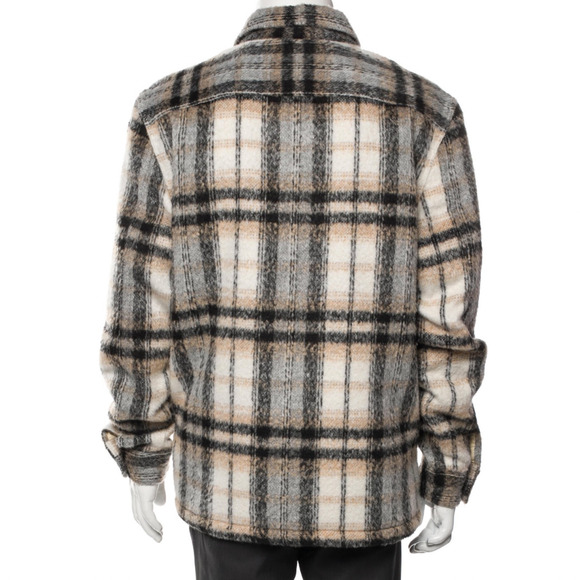 All Saints Cayuga Jacket Mens Medium Ecru Plaid Wool Blend Lined Shacket Button - Picture 10 of 16